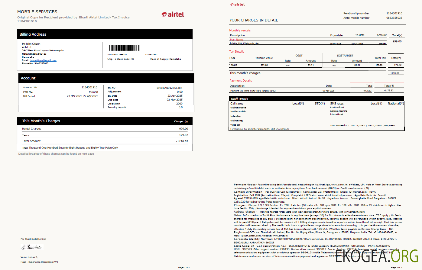 India airtel utility bill template in Word and PDF formats, 2 pages, version 3